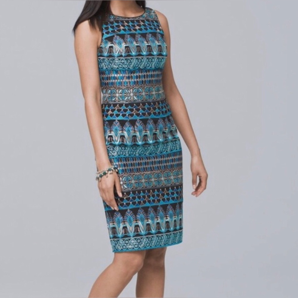 White House Black Market Embroidered Shealth Sleeveless Metallic Dress size 6